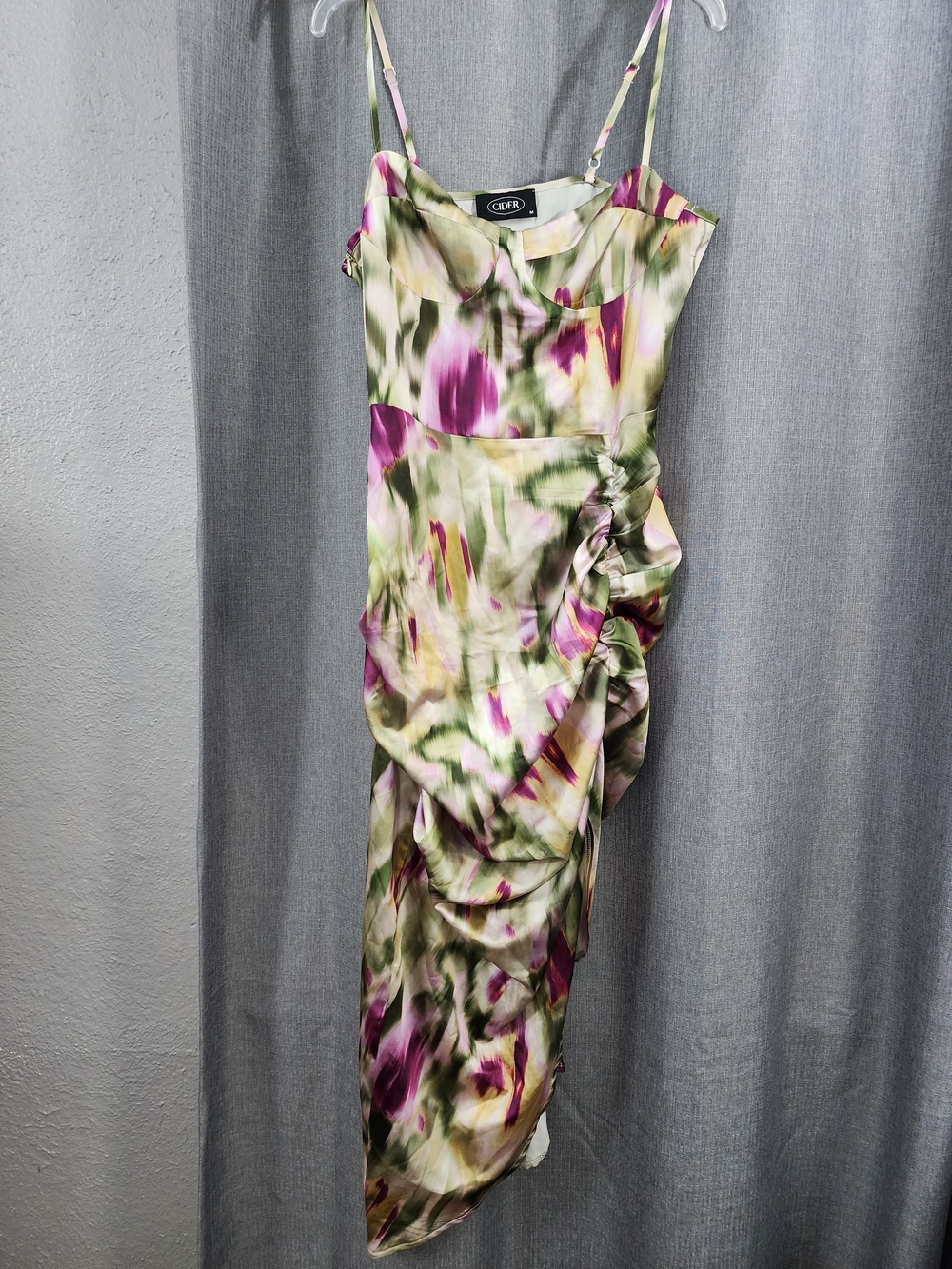 Cider Asymmetrical Satin Dress in Pink, Green & Cream
